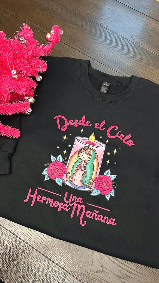 This is a faith based sweatshirt with a Virgen Mary praying in a candle. The sweatshirt comes in black, white, and ight pink.